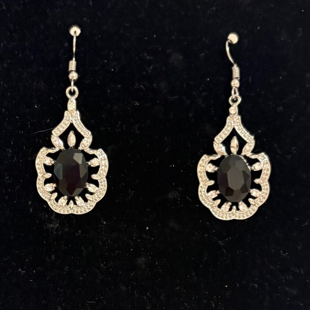 Silver Earrings with Black Stone and Rhinestones